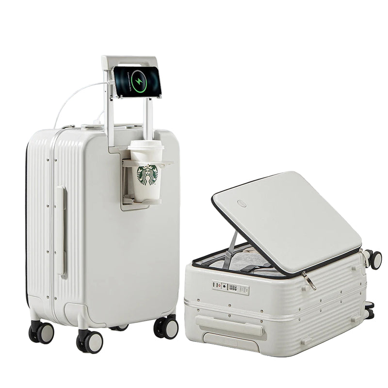 Mixi New Aluminum Frame Suitcase Carry On Rolling Luggage with USB Port Boarding Cabin Cup and Phone Holder 20 24 Inch