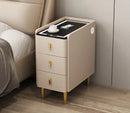 Nordic Style Intelligent Solid Wood Bedside Table Faux Leather 3 Drawers Nightstands with Wireless Charging Side Storage Cabinet