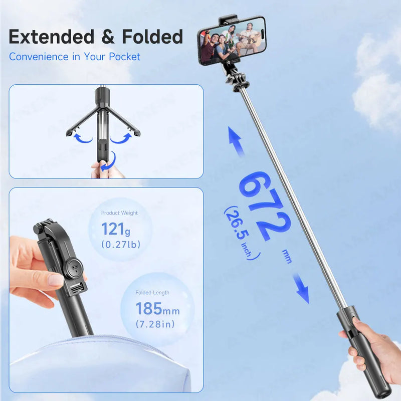 Bluetooth Selfie Stick Tripod Desktop Stand, Phone Holder, Wireless Remote Shutter, for iPhone Android, Option with Fill Light