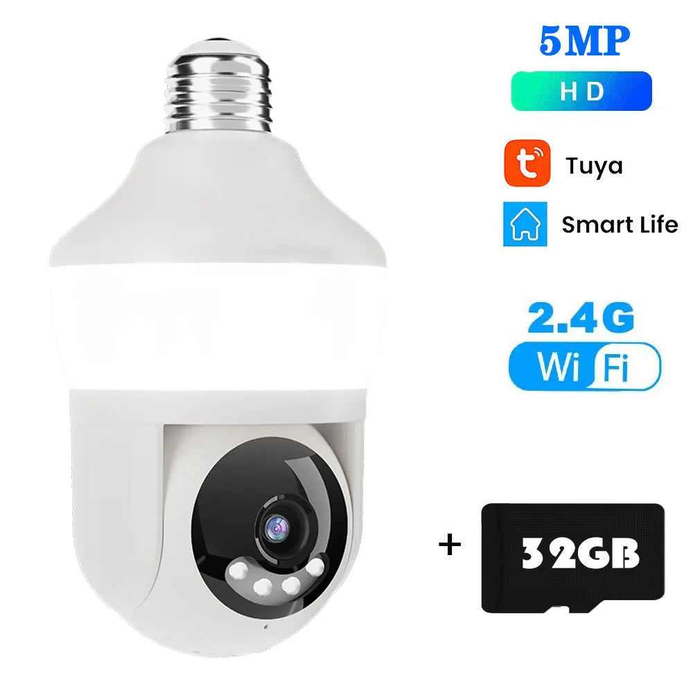 Tuya E27 Light Bulb Dual Screen WiFi Camera 5MP Indoor 5x Zoom PTZ Security Camera IR Color Night Vision Wireless Surveillance