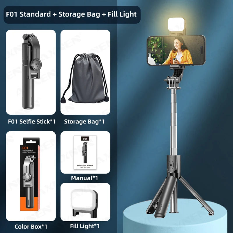 Bluetooth Selfie Stick Tripod Desktop Stand, Phone Holder, Wireless Remote Shutter, for iPhone Android, Option with Fill Light