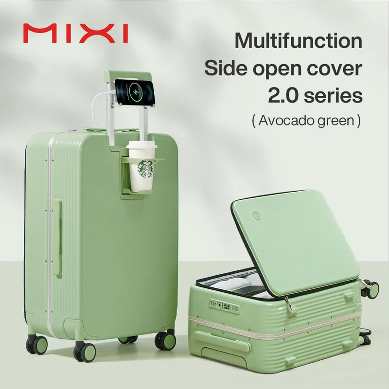 Mixi New Aluminum Frame Suitcase Carry On Rolling Luggage with USB Port Boarding Cabin Cup and Phone Holder 20 24 Inch