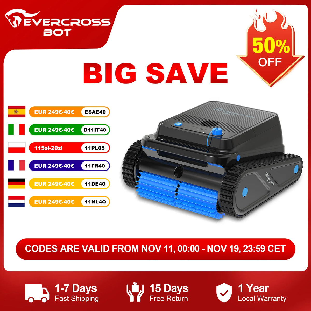 EVERCROSS BOT U8 Robotic Pool Cleaner, 120 Min Battery Life, 200m² Cleaning Area, Intelligent Navigation, Self-Parking Function