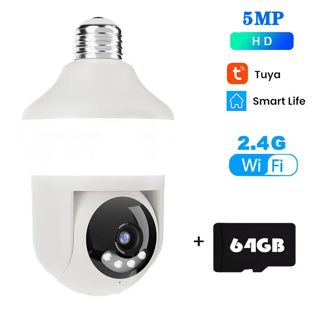 Tuya E27 Light Bulb Dual Screen WiFi Camera 5MP Indoor 5x Zoom PTZ Security Camera IR Color Night Vision Wireless Surveillance