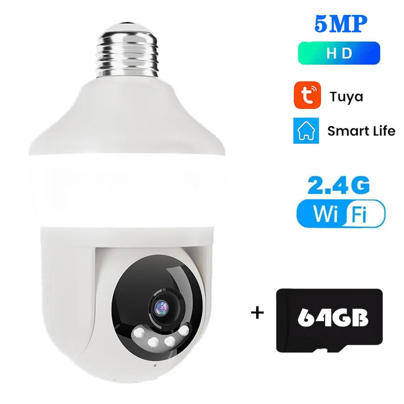 Tuya E27 Light Bulb Dual Screen WiFi Camera 5MP Indoor 5x Zoom PTZ Security Camera IR Color Night Vision Wireless Surveillance