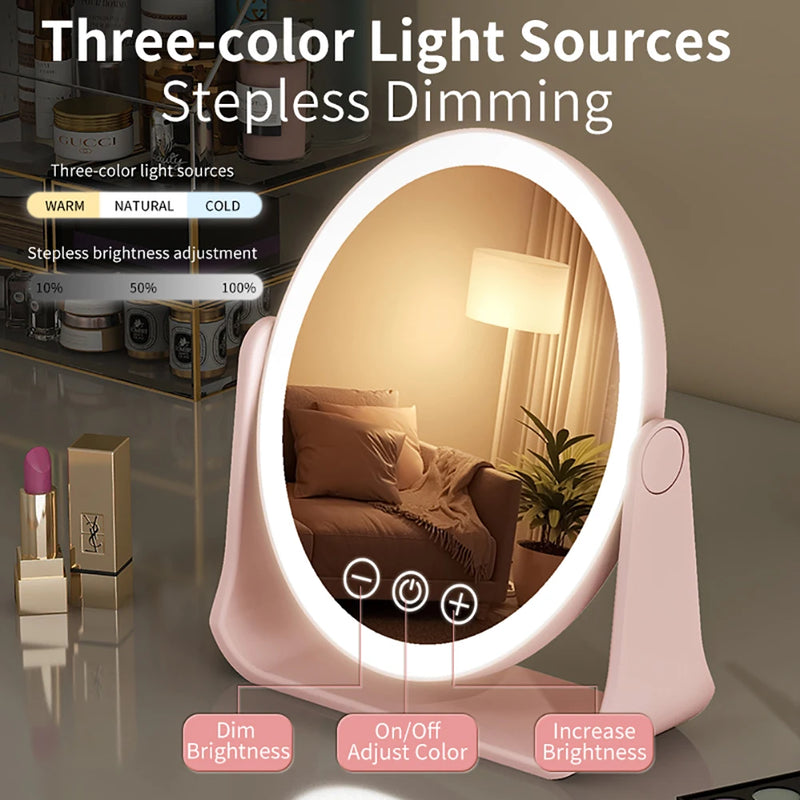 3 Colors LED Makeup Mirror Smart Eversible Dimmable Touch Screen Cosmetic Mirrors Electric Rotatable Makeup Beauty for Tabletop