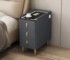 Nordic Style Intelligent Solid Wood Bedside Table Faux Leather 3 Drawers Nightstands with Wireless Charging Side Storage Cabinet